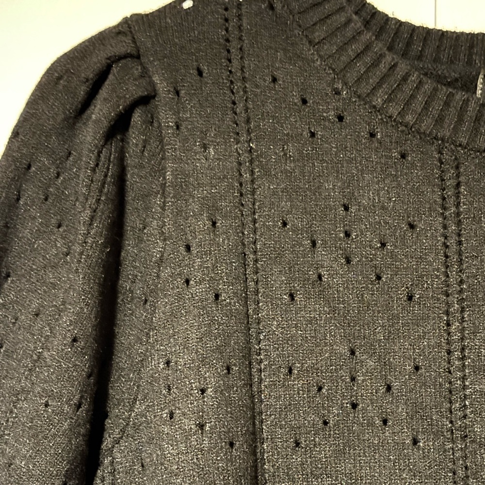 Merokeety Black Puff Sleeve Pointelle Knit Sweater Top Small - Picture 6 of 8
